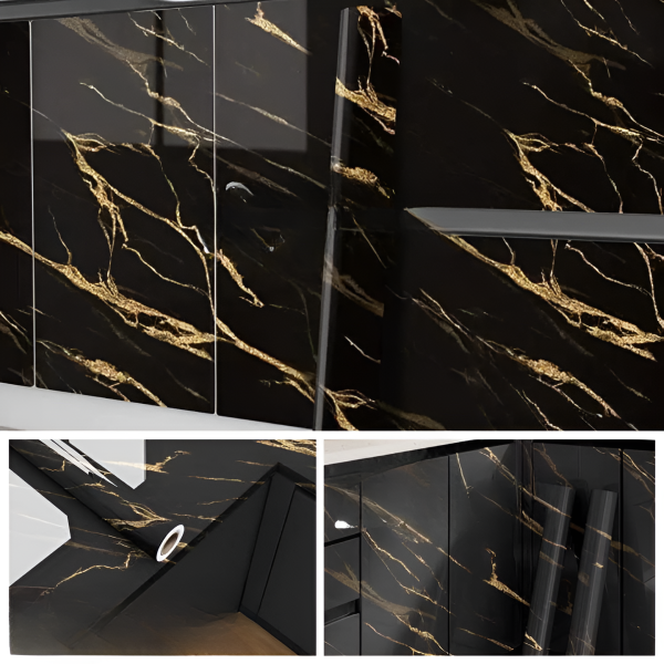 Black & Gold | Marble Sheet Sticker 6x2cm | Waterproof Self-Adhesive PVC Wallpaper for Furniture Walls
